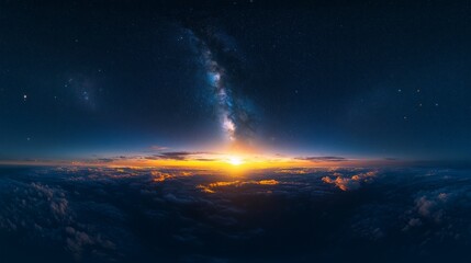 Fototapeta premium Dark Blue Sky with Milky Way, Stars and Sunset, a seamless panorama ideal for immersive game environments, showcasing a stunning cosmic scene perfect for atmospheric backgrounds.