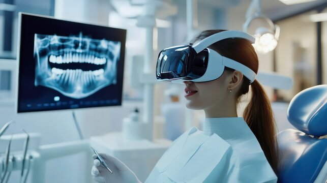 A female dentist wearing a virtual reality headset is examining a dental x-ray on a computer screen.