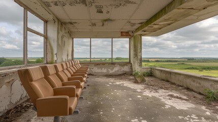 Dilapidated room with rows of empty brown chairs in an abandoned building overlooking a scenic...