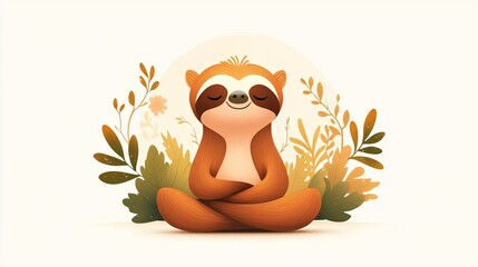 A playful sloth meditating surrounded by gentle foliage, embodying peace and tranquility in a vibrant, artistic style.