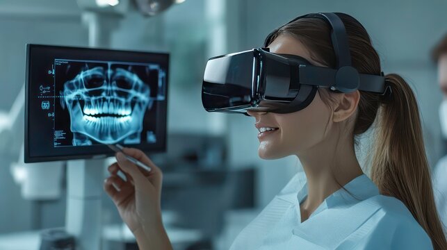 A female dentist wearing VR headset looks at dental x-ray on screen. - Powered by Adobe