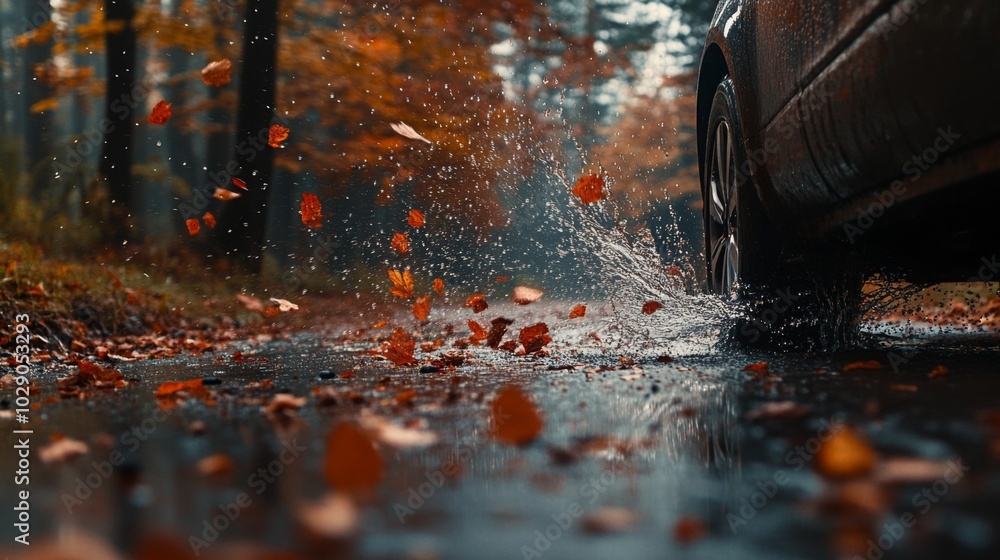 Poster A car moves swiftly along a forest road during rainy weather, creating splashes and sending colorful autumn leaves into the air.
