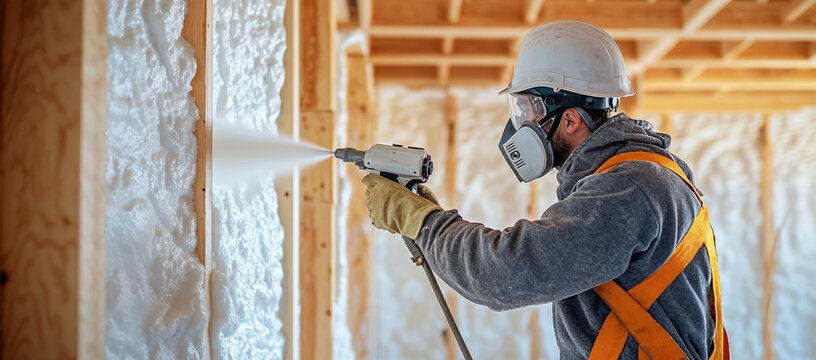 worker spraying foam insulation on interior wall during construction, generative ai