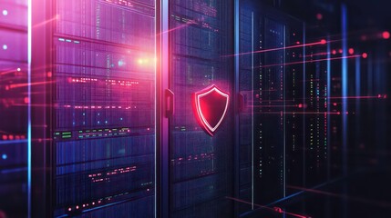 A red shield icon hovers in front of a server rack, representing cybersecurity and data protection.