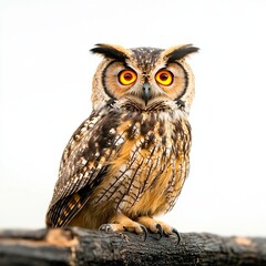 Naklejka premium A striking owl perched gracefully on a branch, showcasing vibrant eyes and intricate feather patterns against a neutral backdrop.