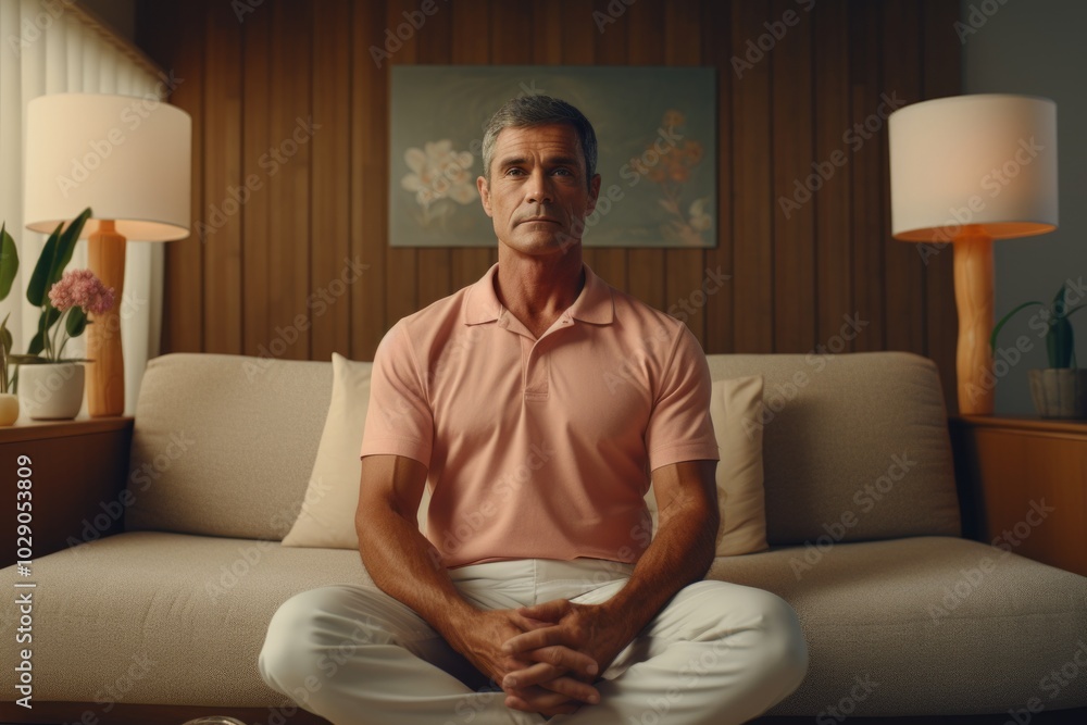 Canvas Prints Portrait of a merry man in his 50s donning a classy polo shirt in front of serene meditation room