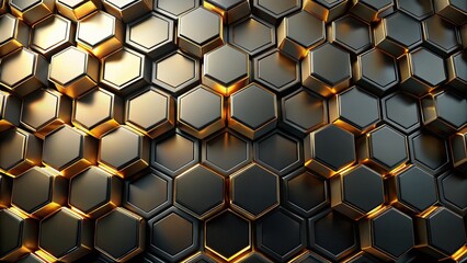 Modern Hexagonal Black and Gold Honeycomb Pattern - Futuristic 3D Architectural Background Texture for Banners and