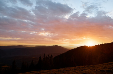 Beautiful mountains landscape with sunset sky. Carpathians, Ukraine.