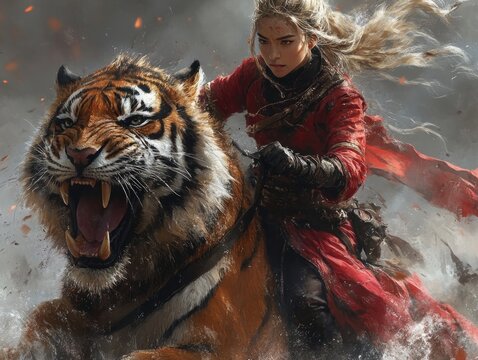 Fierce warrior riding majestic tiger in epic fantasy adventure scene