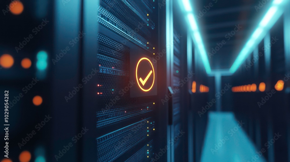 Poster a server rack with a checkmark illuminated on a screen. the rack is in a data center, lit by blue an