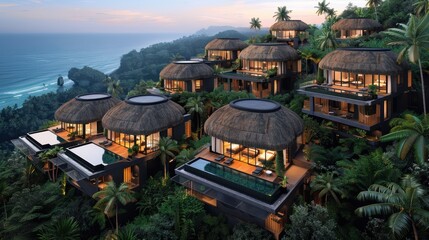 A breathtaking resort with luxury villas nestled amidst lush greenery overlooking a pristine ocean, showcasing an architectural blend of modern design and natural beauty