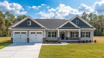 Charming modern home facade featuring a spacious two-car garage, inviting covered porch, lush landscaping, basking in the warmth of a bright sunny day