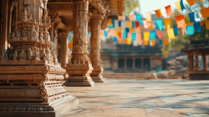 An empty scene featuring a detailed carving of Hampi ruins against a backdrop of colorful Kannada festival flags, creating an ideal product mockup space,