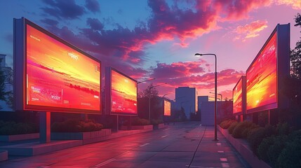 Digital billboard mockup with bright, high-definition screens featuring dynamic content, ideal for showcasing engaging digital advertisements in an urban backdrop. High resolution Illustration, in