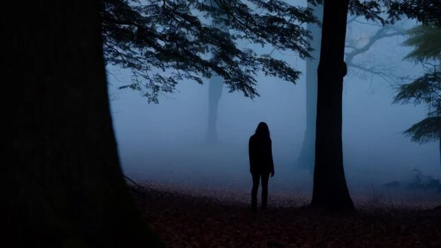 A sil Setup houette walking through a foggy forest at dusk, leaves rustling.