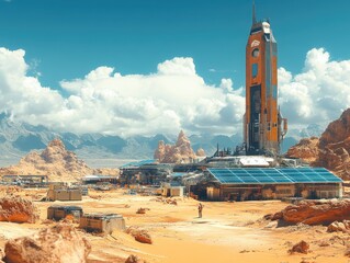 Futuristic desert colony with towering building and solar panels