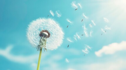Fototapeta premium A dandelion with seeds blowing in the wind against a blue sky with clouds.