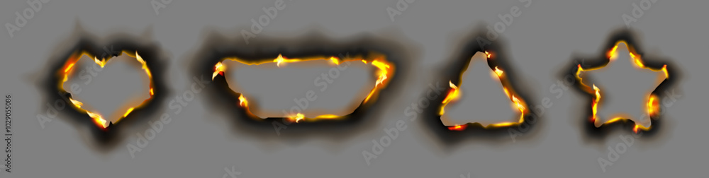 Aufkleber Burnt paper in form of geometric shapes frame with fire and black ash, isolated heart and trapezoid, triangle and star. Vector realistic set of borders from scorched and smoldering sheets and edges