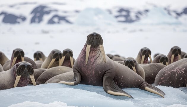 A group of walruses resting on ice, showcasing their tusks and blubbery bodies in a cold, Arctic environment.