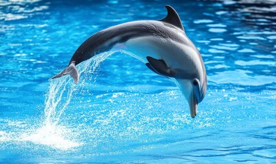 A dolphin leaps out of the blue water.