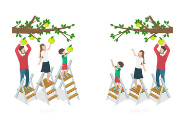 3D Isometric Flat  Illustration of Equality And Equity, Justice and Fair Availability System
