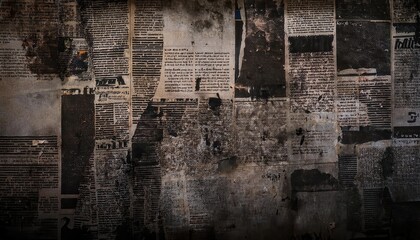Aged, Torn, and Weathered Newspaper Collage. Vintage Newsprint Layers with Burnt Edges and Textured Decay for Historical, Rustic, and Grunge Background Concepts