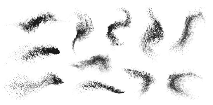 Powder dots brush strokes, isolated set of wavy lines. Vector grunge sprinkle spray texture, dirty dust sand noise. Graffiti ink or dotwork, coarse halftone paint for artwork and design