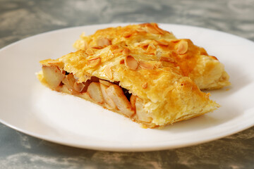 Pear strudel on plate