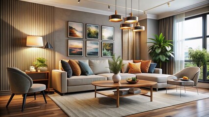 Fototapeta premium Modern Living Room Interior Design in 3D Render - Stylish Furniture, Elegant Decor, and Contemporary Aesthetics