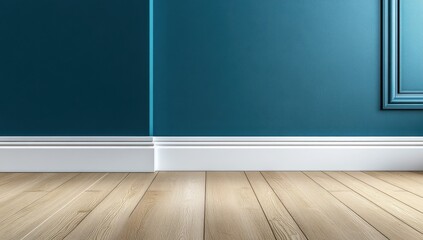 Teal wall with decorative white baseboard and light wood flooring in a modern interior design.