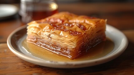 A close-up of a square piece of baklava on a plate, drizzled with honey syrup.  The baklava is made of layers of flaky pastry and filled with chopped nuts. There is a glass of tea in the background.