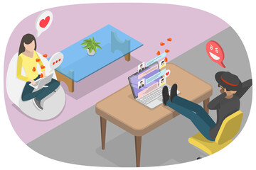 3D Isometric Flat  Illustration of Online Fraud, Deception in Online Dating. Internet Scams and Fraud.