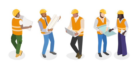 3D Isometric Flat  Illustration of Workers Construction Engineers, Construction Architects in Helmets with Tools and Blueprints.