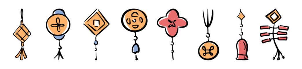 Traditional chinese hanging decoration, isolated set of windchimes. Vector chimes making sound. Musical instruments for doors. Doodle elements decor for invitation or greeting cards in asian style