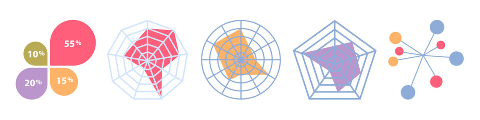 Data structuring and visualization, isolated set of windrode diagrams. Vector information for presentation or report. Info with progress or points, template for business plan analysis or strategy