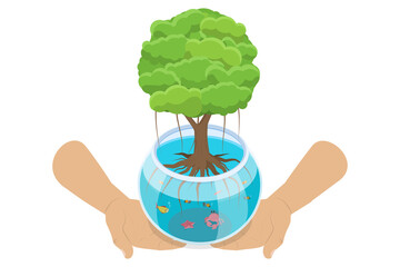 3D Isometric Flat  Illustration of Mangrove Forest Preservation, A Vital Initiative for Environmental Conservation