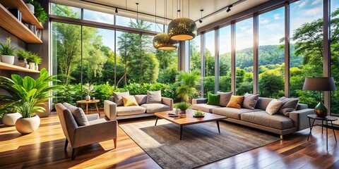 Fototapeta premium Modern Living Room with Lush Greenery and Abundant Natural Light in Panoramic View
