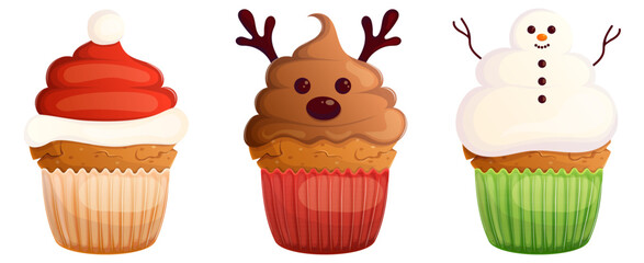 Christmas cupcake with  icing in a shape deer, Santa hat, snowman isolated on white. Sweet xmas pastry.
