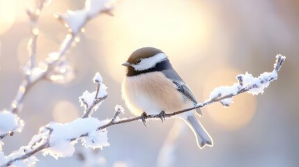 Obraz premium Snowy Chickadee: Close-up of Puffed-Up Bird on Snowy Branch with Cinematic Light