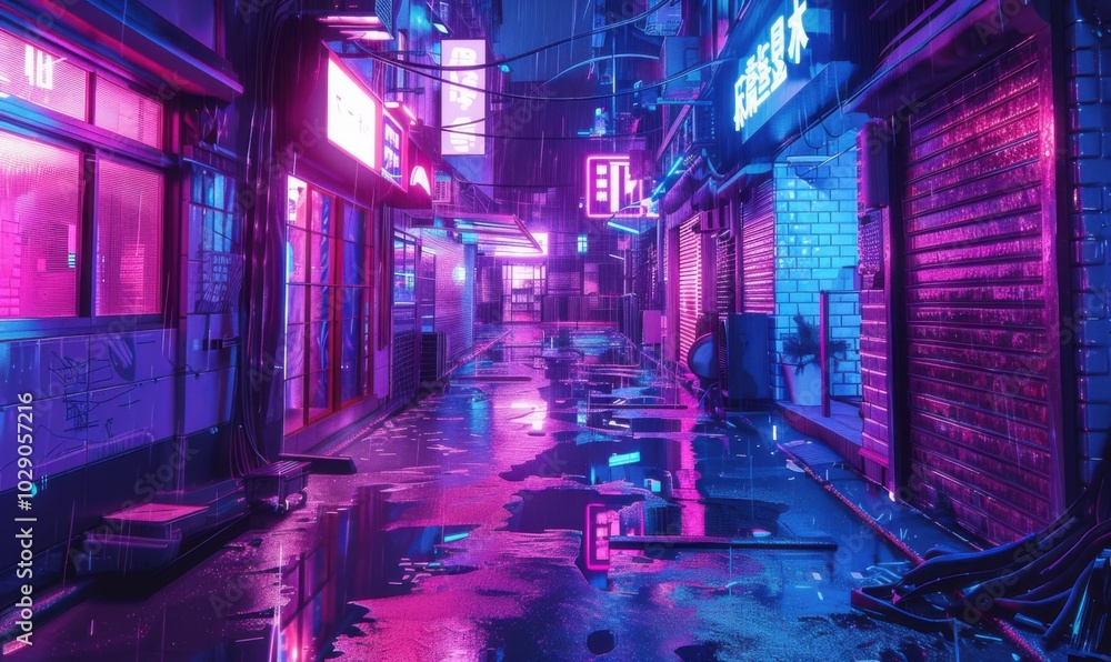 Canvas Prints Neon-lit cyberpunk alley, 4K hyperrealistic photo