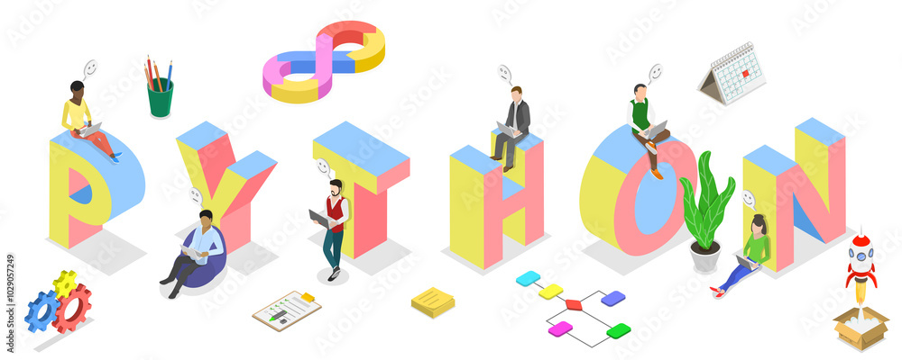 Poster 3d isometric flat illustration of python, modern software development
