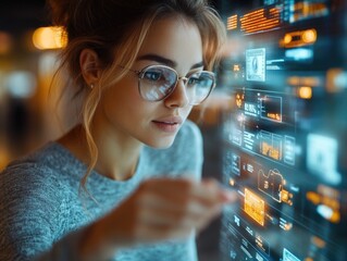 Innovative female analyzing futuristic digital interface in modern workspace