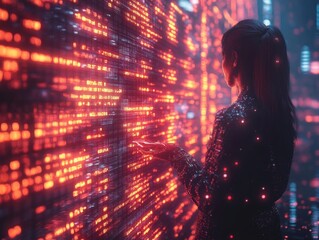 Futuristic technology concept with woman interacting with digital data wall in neon light