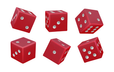Dice for playing boardgames, gambling casino or poker. Vector isolated set of realistic red cubes with dots. Different positions in motion. Throwing for luck, random numbers and winning
