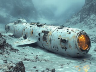 Rustic submarine wreck in an icy landscape