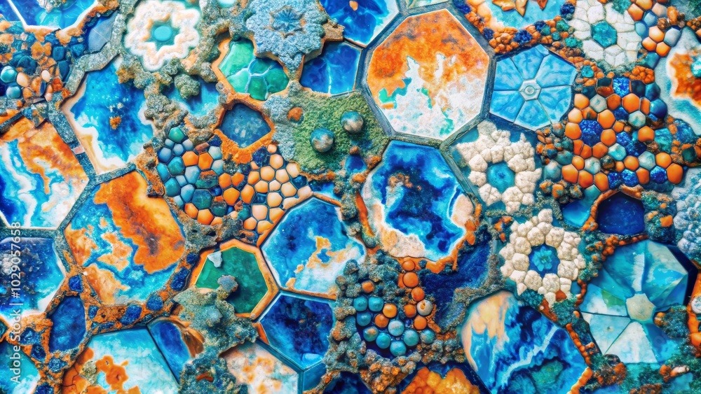 Poster an abstract background showcasing a vibrant orange and blue mosaic design created using generative a