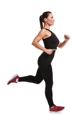 Obraz premium Woman in sportswear running on white background