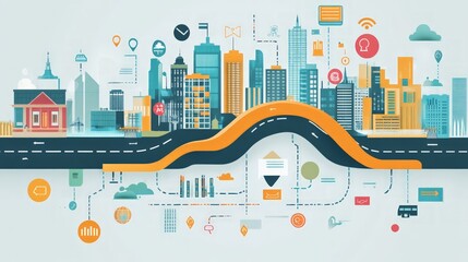 Fototapeta premium Modern city-themed infographic illustrating a business roadmap timeline, highlighting milestones and processes, ideal for digital marketing and data presentation.