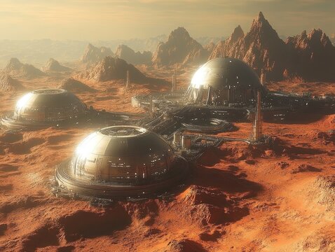 Futuristic mars colony with domed settlements and rugged terrain at sunset