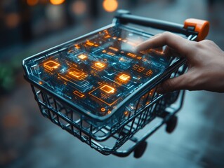 Futuristic shopping experience: digital overlay on shopping cart in urban setting